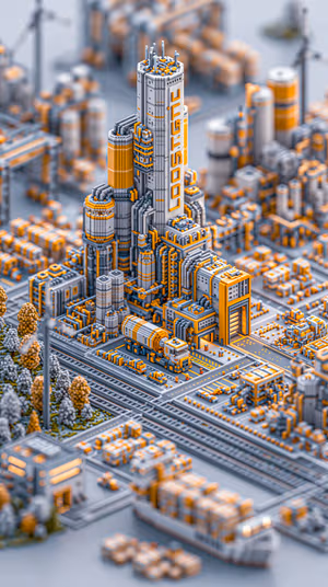 Detailed voxel isometric cargo city in gray and orange on a soft gray background, ultra HD 8K image for mobile lock screens