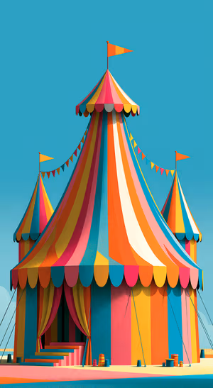 Playful retro pop illustrated carnival tent on a teal sky background with colorful striped panels ultra HD 8K illustration