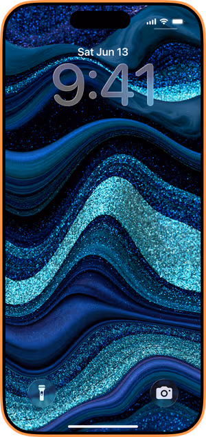 Wallpaper preview on iPhone 17 Pro Max running iOS 26 - Turquoise Glitter Waves