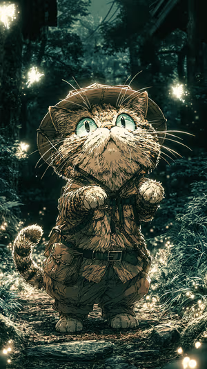 Whimsical fantasy illustration of a cat explorer centered on a forest teal background, ultra HD 8K image.