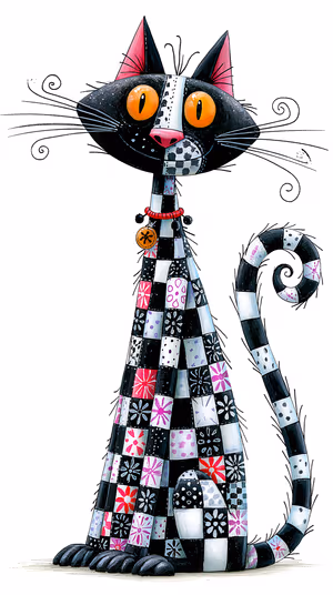 Whimsical patchwork cat on white background with black and white checkerboard and pink accents, ultra hd 8K