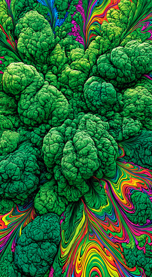 Psychedelic cauliflower forms with neon green, magenta, and yellow marbling in a surreal botanical style.