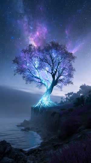Ethereal glowing tree with cyan roots and a purple canopy on a cliff under a starry cosmic sky ultra hd 8K background