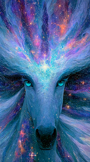 Surreal cosmic unicorn with a glowing forehead star and teal purple nebula mane, ultra HD phone background.
