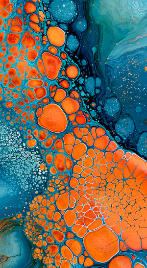 Abstract cellular flow in orange and teal tones with a fluid marbled aesthetic.