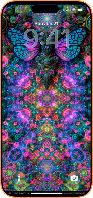 Wallpaper preview on iPhone 17 Pro Max running iOS 26 - Neon Butterfly Mandala