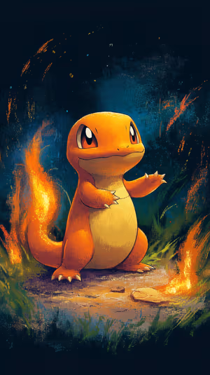 Digital painting of Charmander centered on a dark forest with warm orange glow and floating embers ultra HD wallpaper.