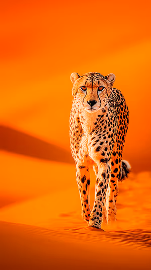 Cinematic cheetah centered on glowing orange sand dunes with warm sunset tones, ultra HD image