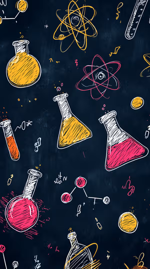 Chalkboard doodle chemistry hand drawn flasks, test tubes, atoms on a dark chalkboard background in vibrant playful style, ultra hd.