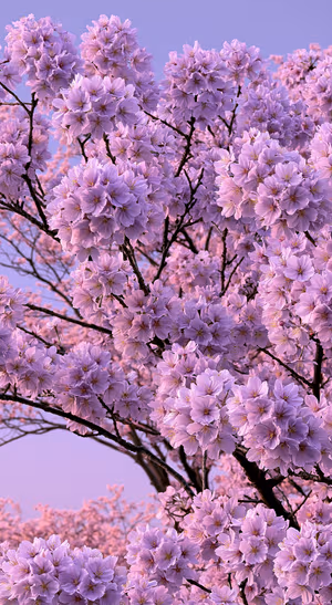 Aesthetic cherry blossom branches on a lavender background in a soft floral aesthetic