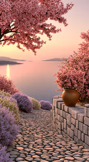 Aesthetic cherry blossom lakeside landscape framed by pink sunset tones in a scenic aesthetic style.