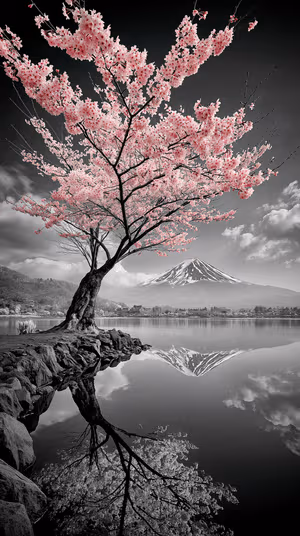 Selective color cherry blossom tree with pink blooms on a grayscale Mount Fuji lake reflection, ultra hd background