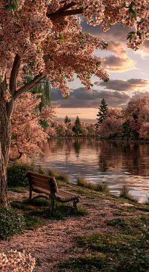 Spring cherry blossom lake scene in a scenic style with pink sunset tones and a lakeside bench