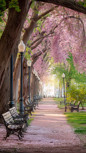 Photorealistic cherry blossom walkway centered on a pink and green spring background, ultra hd 8K