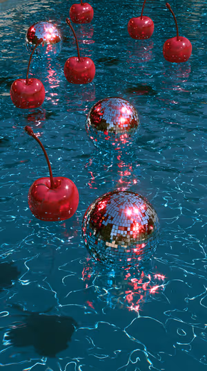 Surreal 3D cherries and mirrored disco balls floating over teal water, ultra hd 8K phone background