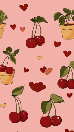 Illustrated seamless cherry pattern with potted plants and hearts on a soft pink background in a playful cute aesthetic, ultra hd.