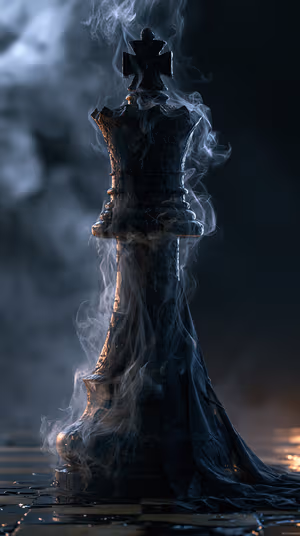Cinematic chess king centered on a black background with swirling smoke, ultra HD 8K wallpaper