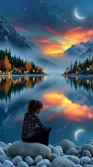 Dreamscape child seated by a reflective lake with crescent moon and starry sky on teal orange horizon, ultra HD background