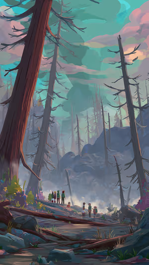 Illustration of hikers on a misty forest trail centered on a pastel teal background in a dreamy, soft aesthetic ultra HD.