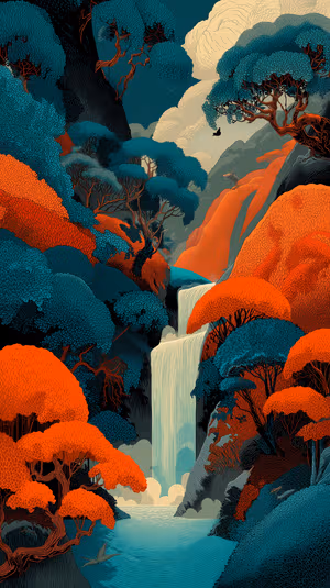 Stylized waterfall and forest centered on a teal and orange backdrop in a surreal aesthetic, ultra HD background.