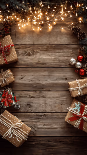 Rustic flatlay of Christmas gifts and fairy lights on a warm brown wood background in cozy rustic aesthetic ultra HD 8K.
