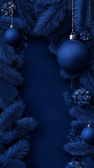 Minimalist holiday ornaments and pine branches centered on a deep navy background ultra HD 8K iPhone background