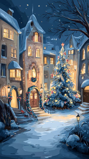Illustrative snowy Christmas town square with decorated tree and warm window lights on a blue toned night ultra HD background.