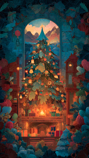 Ornate decorative Christmas tree centered on a teal and warm amber background in a festive illustrated aesthetic, ultra hd image.
