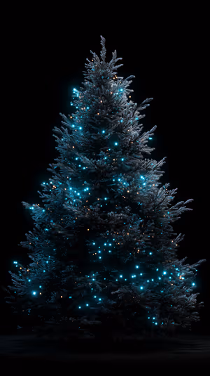 Minimalist teal lit Christmas tree on a deep black background, ultra HD 8K holiday image optimized for iPhone lock screen.