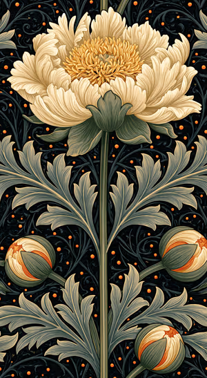 Art nouveau chrysanthemum centered on a charcoal background in an ornamental floral aesthetic.