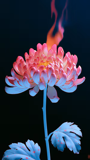 Neon chrysanthemum centered on a black background with pink and cyan tones in a luminous digital art aesthetic, ultra HD