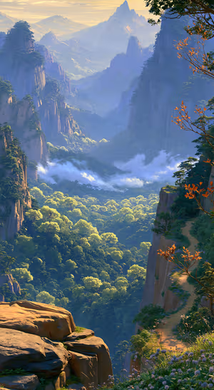 Cinematic mountain landscape in blue and gold tones with misty cliffs and lush forest in a serene aesthetic.
