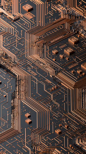 Abstract cyber circuit board with copper traces on a dark matte background ultra HD 8K image