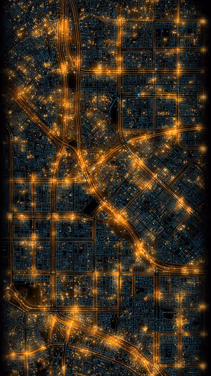 Cyberpunk city grid map with gold lit streets and teal circuitry on a black field, ultra hd 8K background