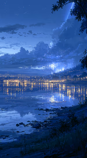 Dreamy anime style city lake at night with blue tones and glowing reflections, ultra HD 8K background.