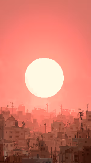 Retro pixel art city skyline centered on a pink orange dusk background ultra HD 8K mobile background.