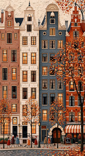 Vintage city townhouse facade in warm orange and blue tones, fall aesthetic ultra HD background.