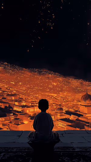 Cinematic cityscape centered on a warm orange background with a seated silhouette and falling sparks, ultra HD background.