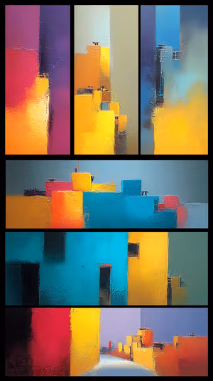 Textured abstract cityscape centered on teal, yellow and magenta color block panels in a painterly geometric aesthetic, ultra hd image
