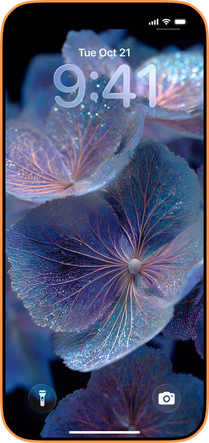 Wallpaper preview on iPhone 17 Pro Max running iOS 26 - Iridescent Hydrangea Bloom