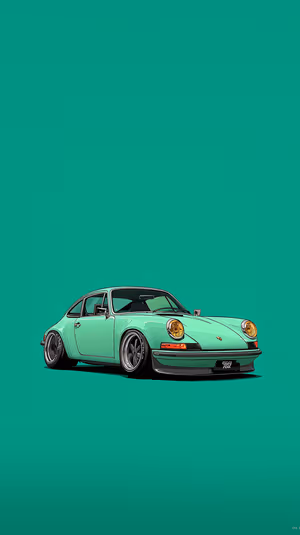 Minimal vector illustration of a mint classic coupe centered on a teal background in retro car aesthetic.