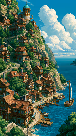 Painterly cliffside harbor on a teal sea background with terracotta roofs ultra HD 8K image