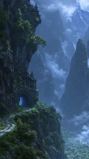 Cinematic fantasy cliffside monastery on teal blue misted mountains, ultra HD 8K mobile background