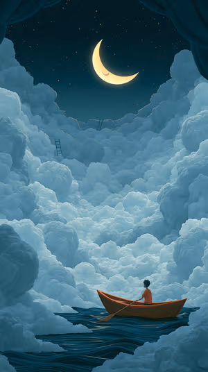 Dreamscape cloud boat scene with glowing crescent moon and teal clouds, ultra hd 8K background optimized for iPhone