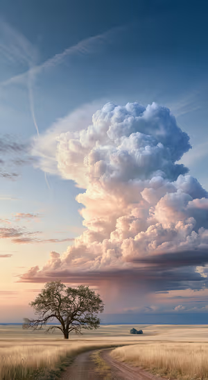 Dreamy cloudscape with a lone tree and pastel blue peach sky in an atmospheric nature aesthetic.