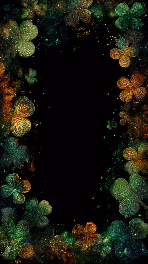 Glitter frame four leaf clovers on a deep black background with green and gold shimmer ultra HD phone background.
