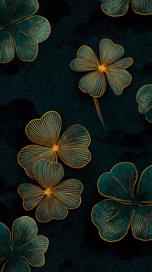 Luxe gold lined clover blooms on a dark emerald textured background in a minimalist, moody aesthetic ultra HD.