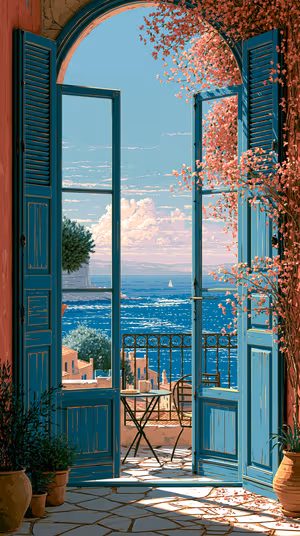 Painterly coastal balcony with open teal shutters and pink bougainvillea, ultra HD 8K background for iPhone.