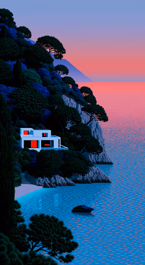 Retro coastal cliff scene in pink and blue tones with a modern seaside house and calm ocean.