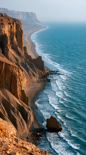 Cinematic coastal cliffs with teal ocean and sand tones, ultra hd 8K image ideal for iPhone lock screen